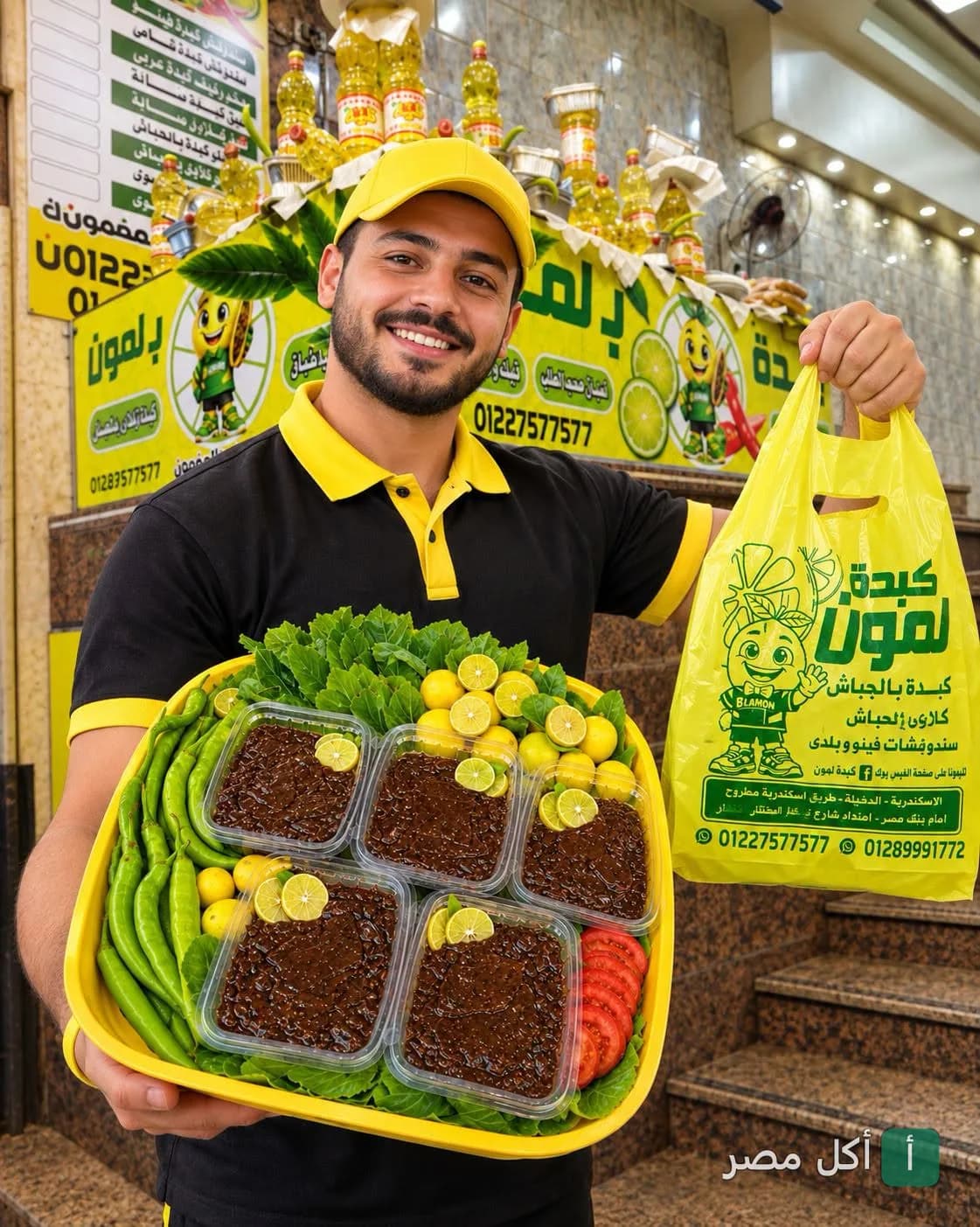 موظف في مطعم كبدة ب لمون ببولاق الدكرور يحمل صينية بها وجبات كبدة مع الليمون والفلفل الأخضر وكيس المطعم.