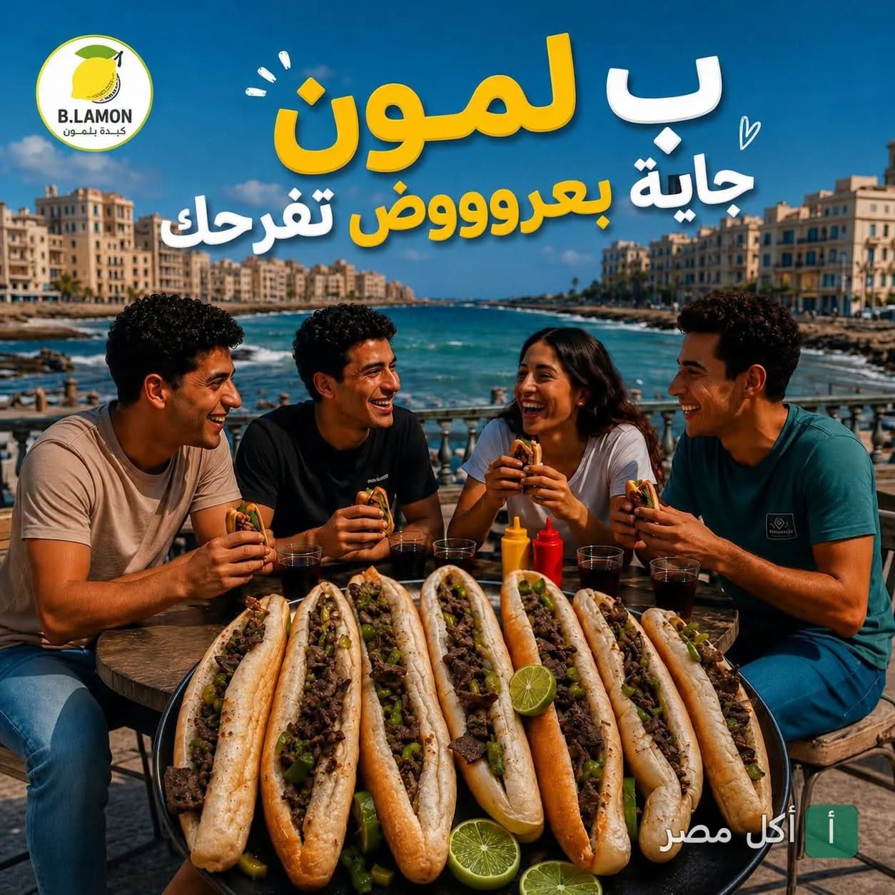 مجموعة أصدقاء يستمتعون بسندوتشات كبدة ب لمون على البحر في بولاق الدكرور.