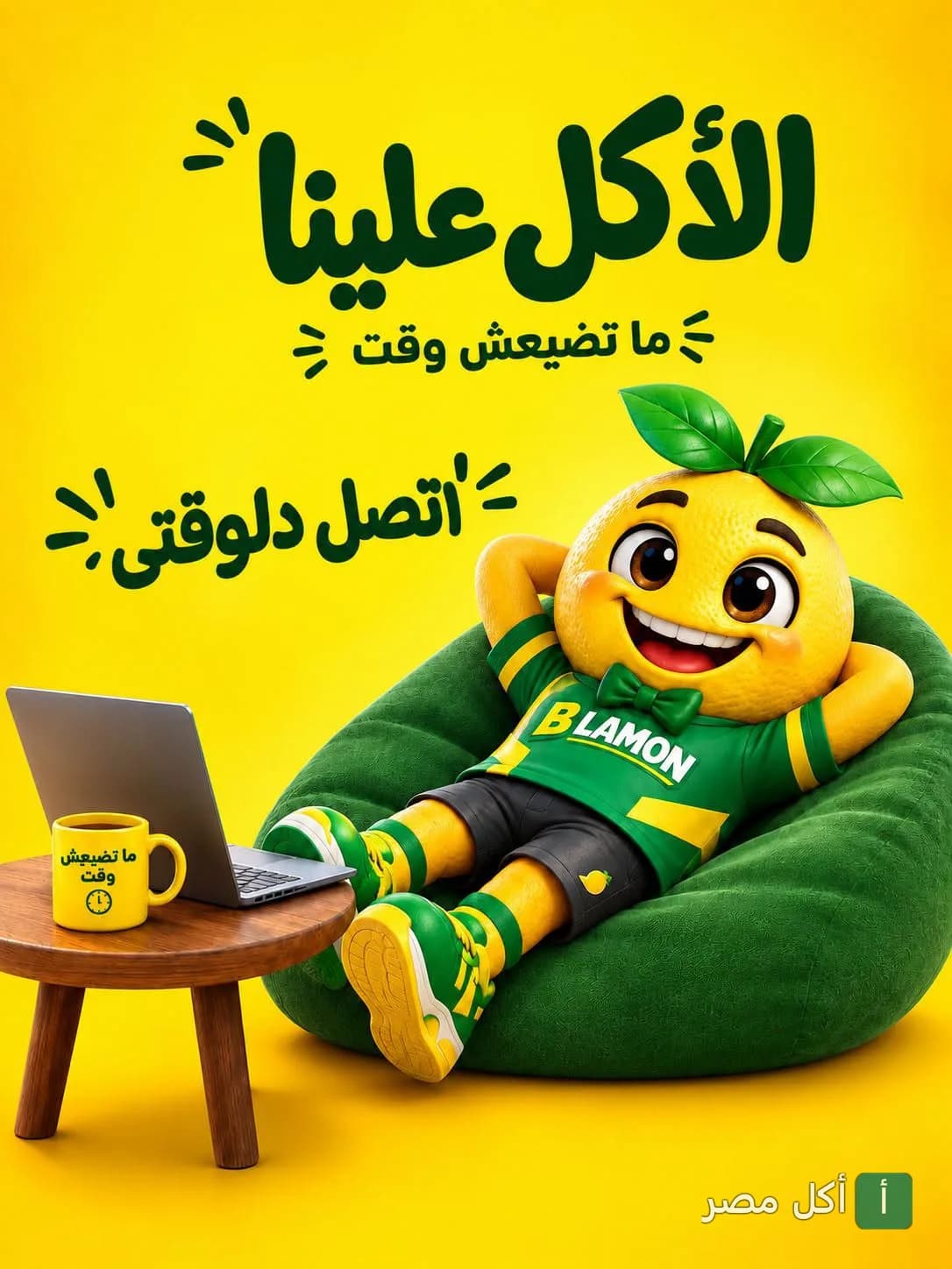 شخصية كرتونية لليمونة ترتدي زي كبدة ب لمون وتسترخي على كرسي بين باج أمام لابتوب.
