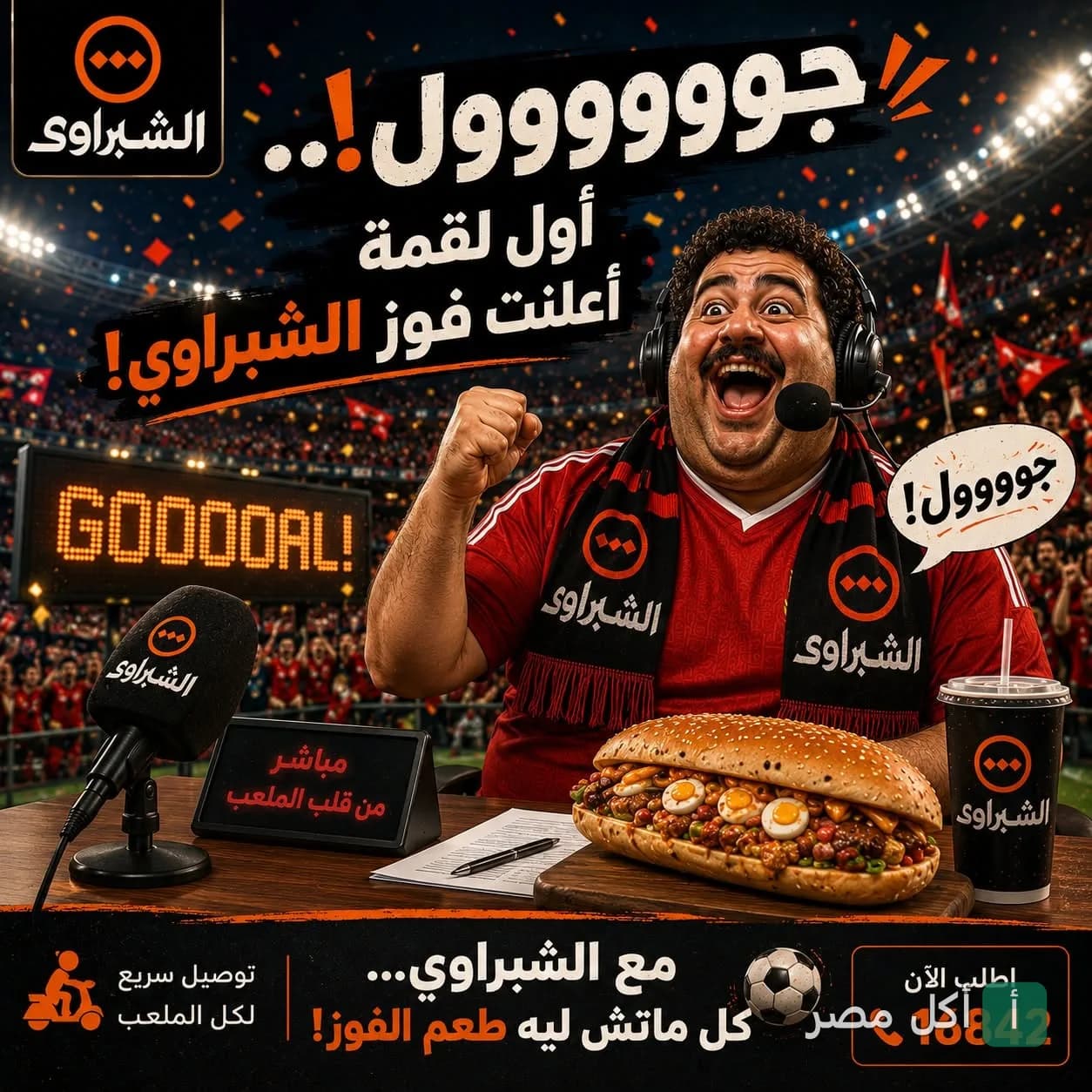 إعلان ترويجي لمطعم الشبراوي في بولاق الدكرور يظهر معلق رياضي يحتفل بوجبة سريعة في أجواء ملعب كرة قدم.