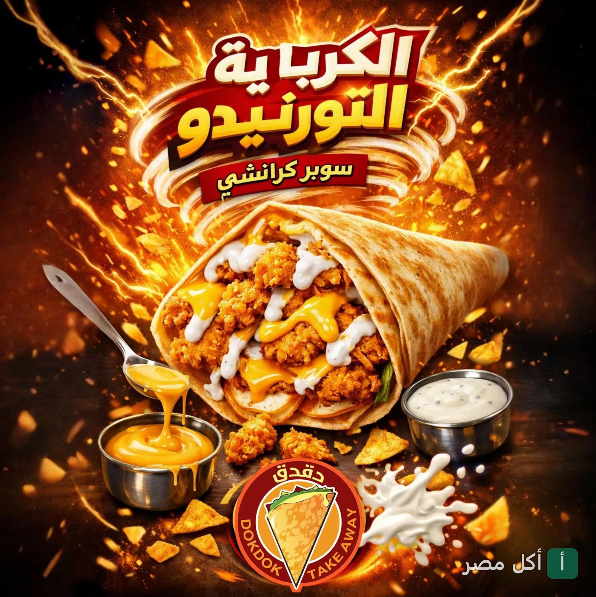 كريب تورنيدو سوبر كرانشي من مطعم تيك أواي كريب دقدق في بولاق الدكرور مع صوص الجبنة والصوص الأبيض.