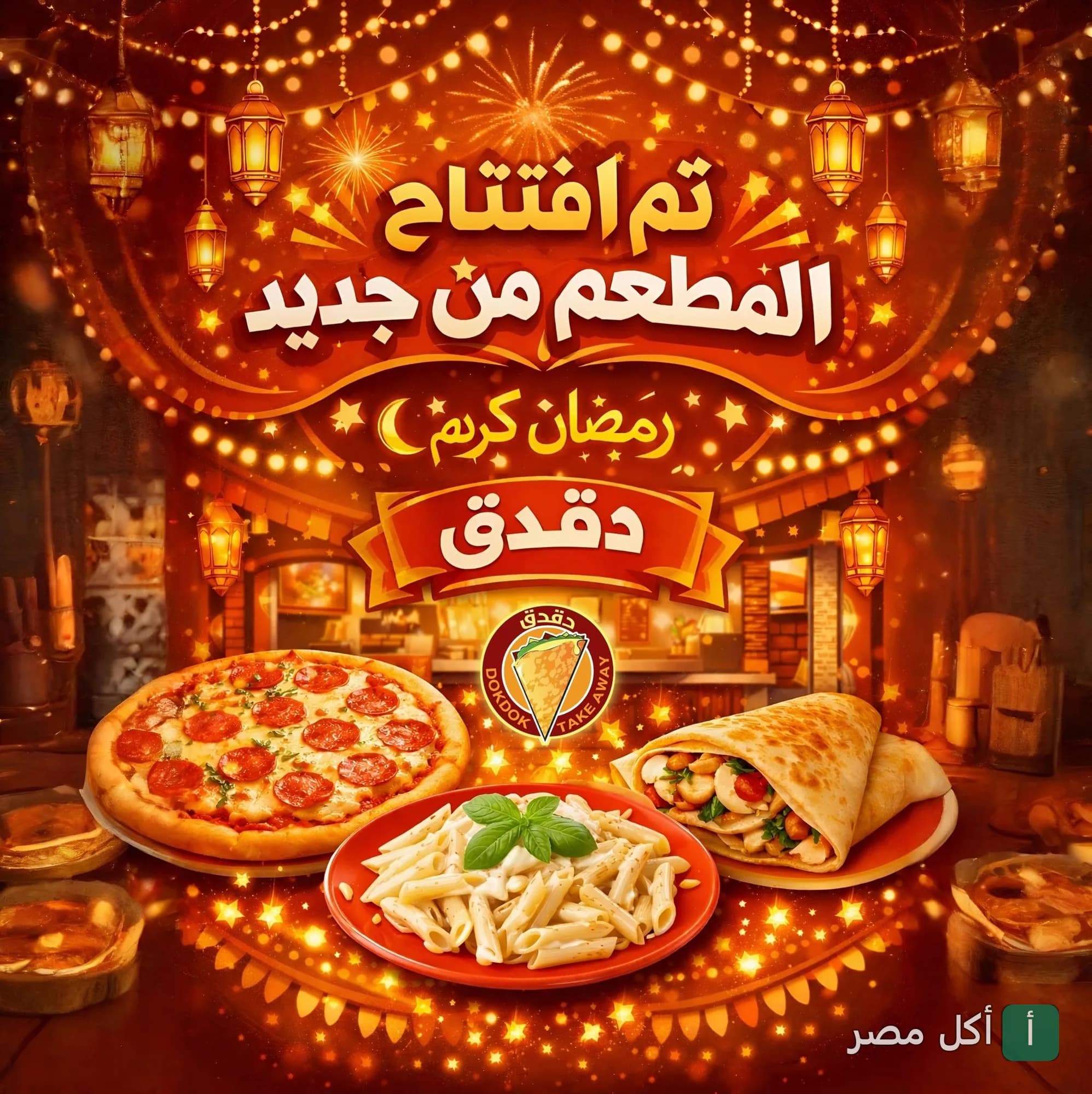 إعلان إعادة افتتاح مطعم تيك أواي كريب دقدق في بولاق الدكرور مع أطباق البيتزا والمكرونة والكريب في أجواء رمضانية.