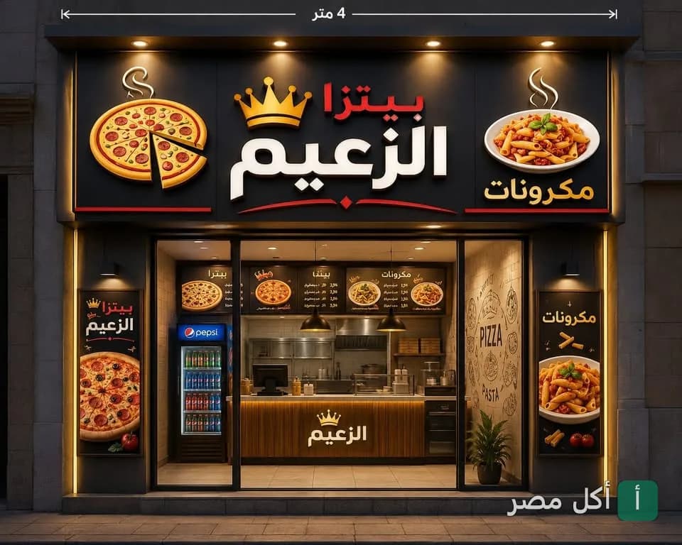 واجهة مطعم بيتزا فطائر الزعيم في بولاق الدكرور، تظهر لافتة مضيئة عليها شعار التاج وصور بيتزا ومكرونة.