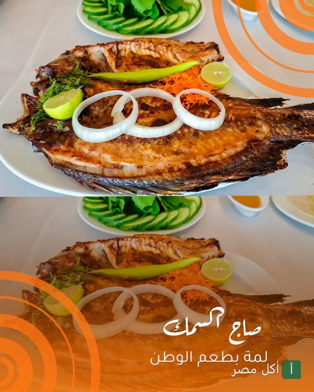 سمكة مشوية على طبق مزينة بحلقات البصل والليمون في مطعم صاج السمك ببولاق الدكرور.