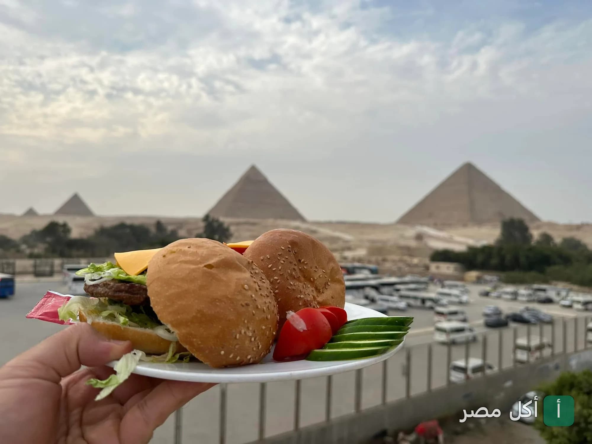 شطيرة برجر في طبق مع إطلالة مباشرة على أهرامات الجيزة من مطعم وكافيه الهضبة بنزلة السمان.