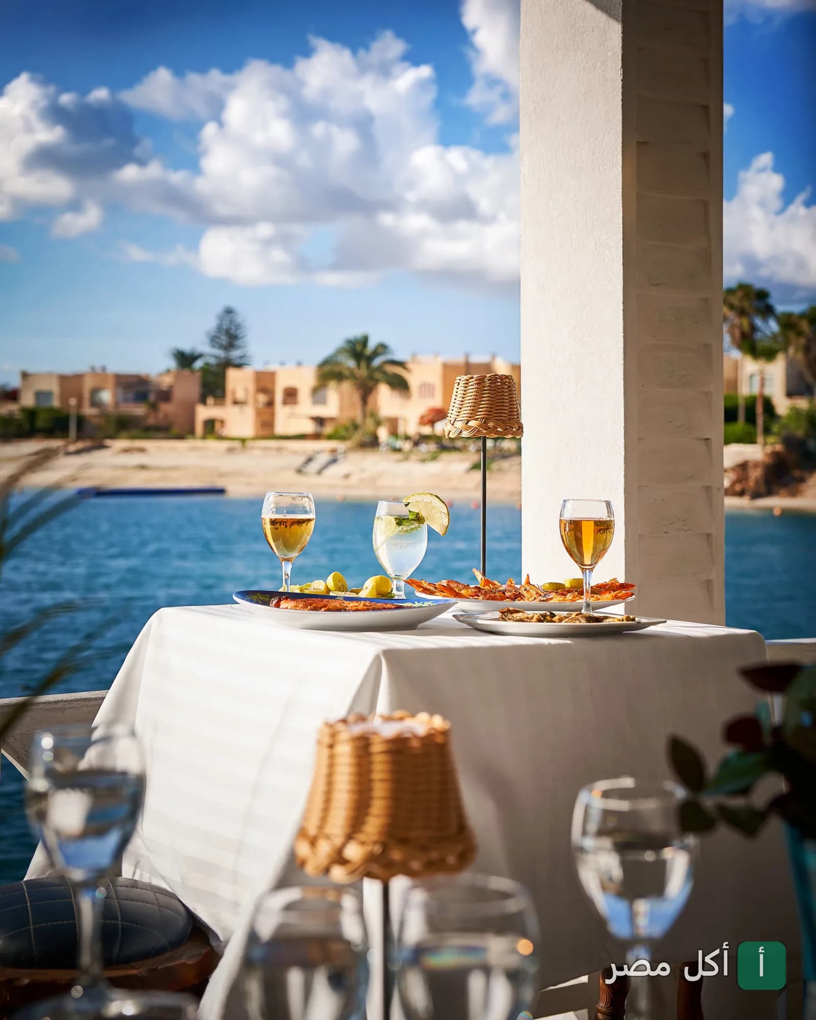 مائدة طعام بمطعم سي جل في الجيزة تطل على البحر مع أطباق مأكولات بحرية ومشروبات.