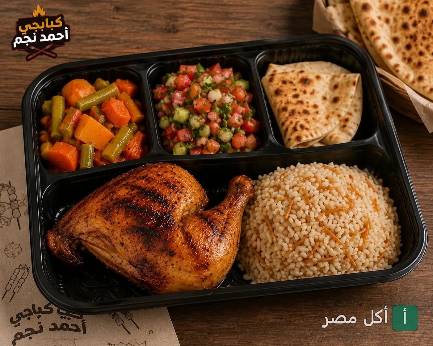 وجبة مشويات من كبابجي نجم في ترسا، الجيزة، تتكون من دجاج مشوي مع أرز بالشعيرية وسلطة خضراء وخضار مطبوخ.