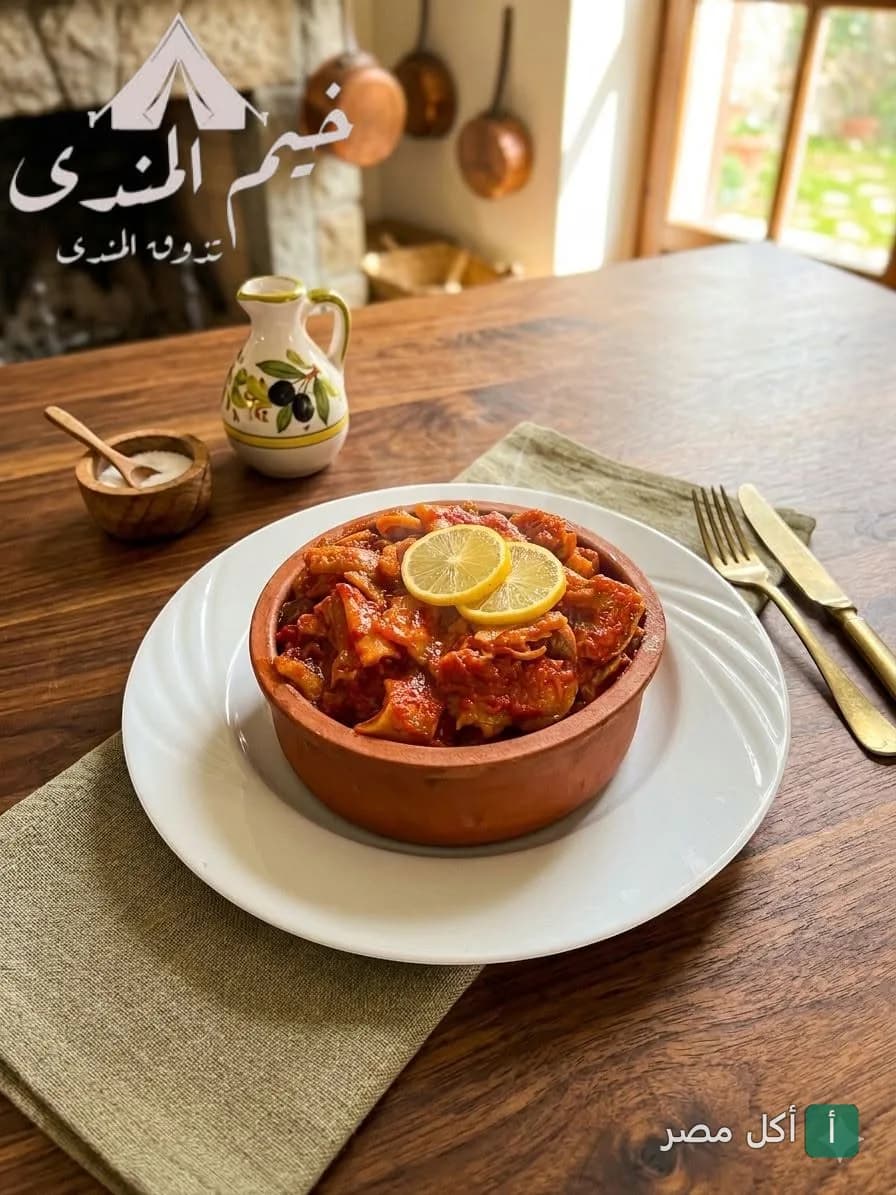 طبق طاجن مصري بصلصة الطماطم والليمون في مطعم خيم المندي على طريق المنصورية بالجيزة.