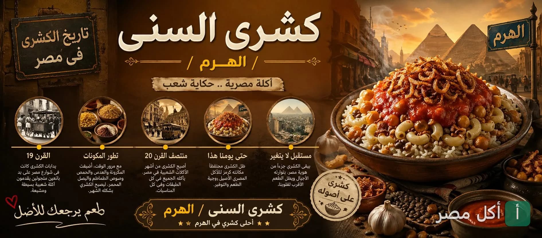 صورة غلاف مطعم كشرى السُني في الجيزة، تعرض طبق كشري مصري تقليدي مع خلفية للأهرامات.