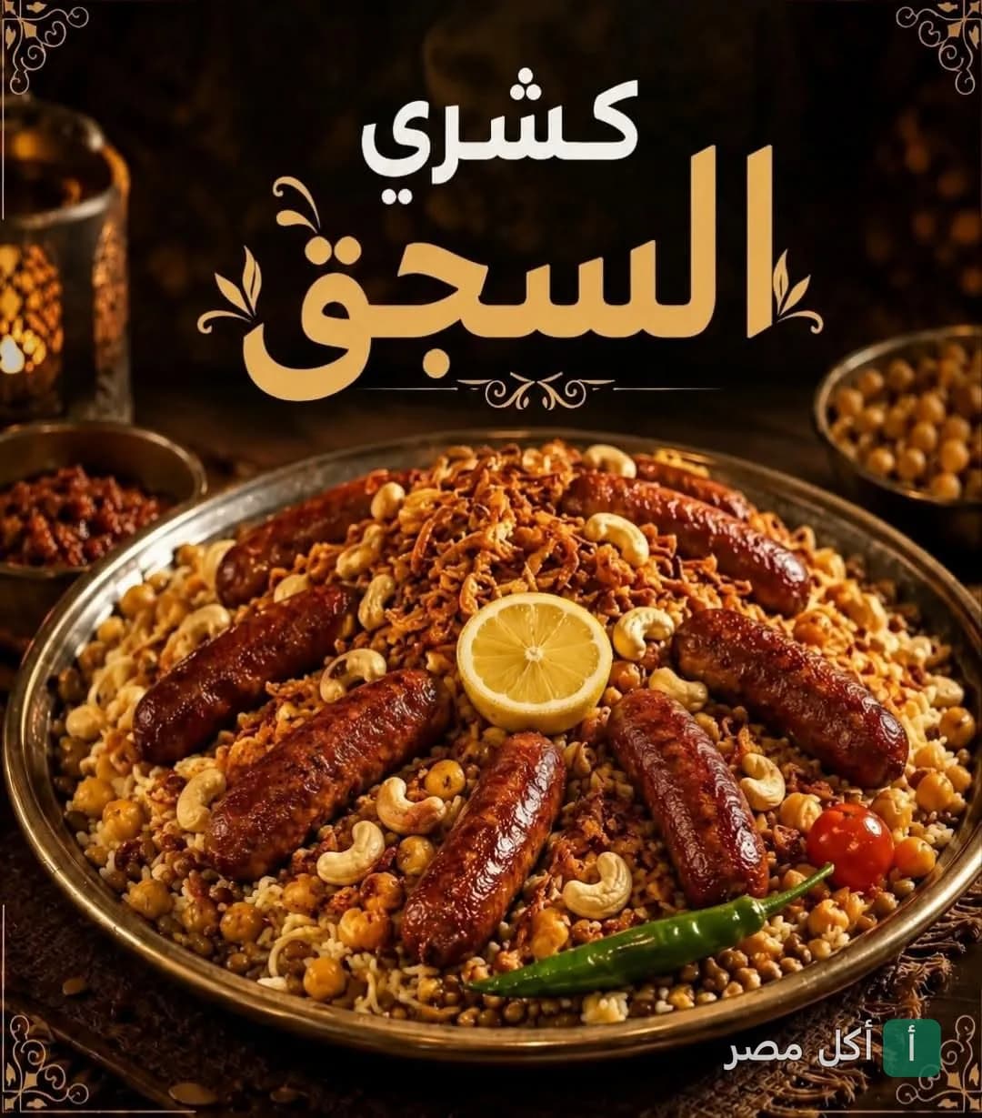 طبق كشري بالسجق مزين بالليمون والمكسرات من مطعم كشري السني في الجيزة.