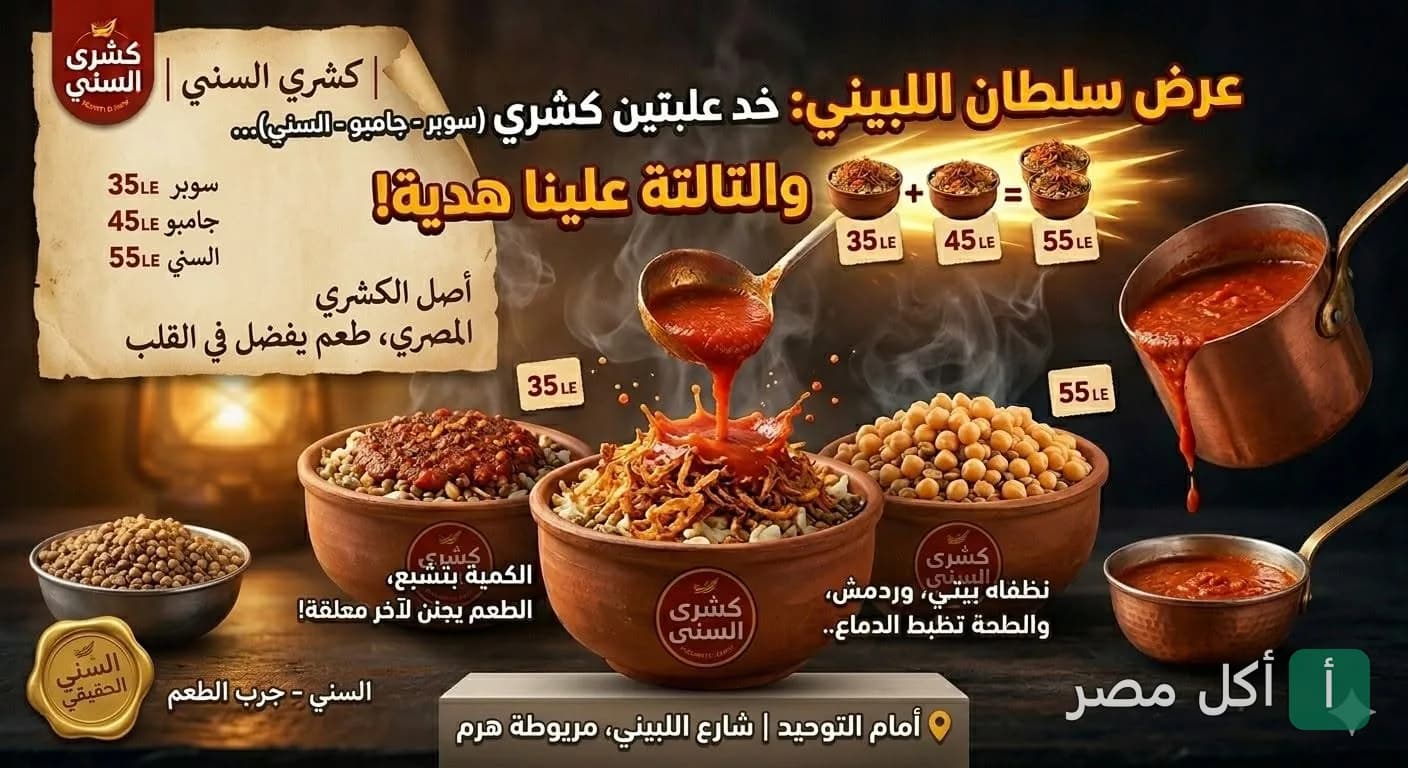 إعلان عرض كشري السُني في الجيزة، يوضح أطباق الكشري مع الصلصة والأسعار.