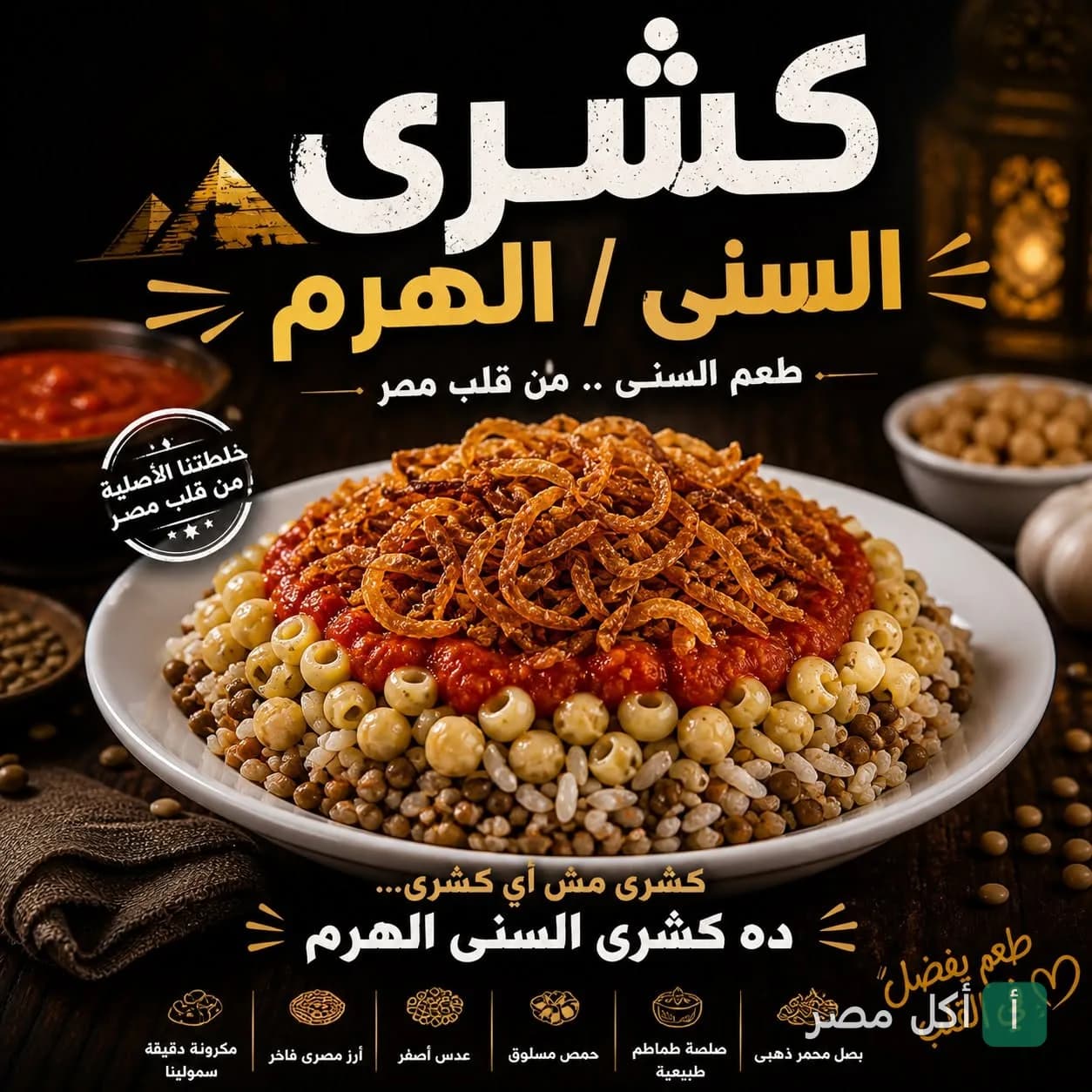 طبق كشري مصري تقليدي مغطى بالصلصة والبصل المقرمش من مطعم كشري السُني في الجيزة.