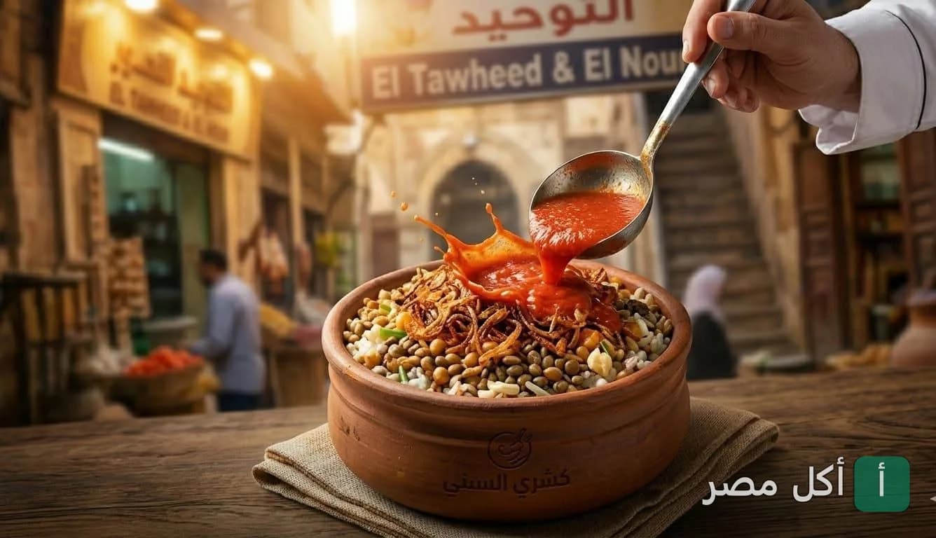 طبق كشري مصري تقليدي في فخارة مع صوص الطماطم في مطعم كشري السُني بالجيزة