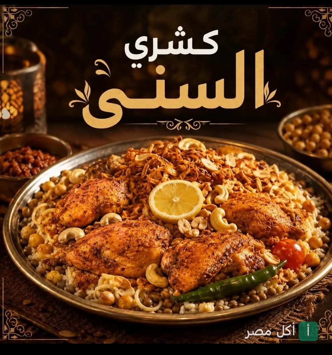 طبق كشري مصري تقليدي مع قطع الدجاج والليمون والمكسرات من مطعم كشري السُني في الجيزة.