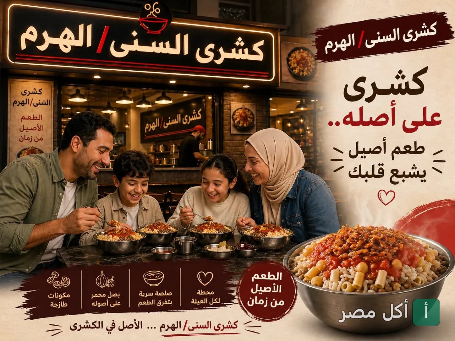عائلة مصرية تستمتع بوجبة كشري في مطعم كشري السني بالجيزة.