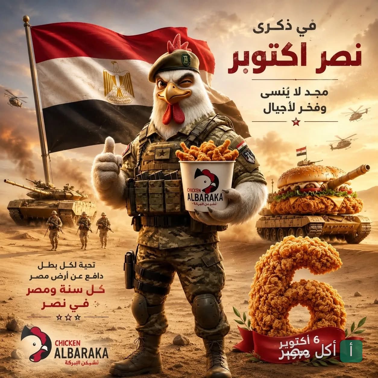 إعلان تشيكن البركة بمناسبة ذكرى نصر أكتوبر، يظهر تميمة المطعم بزي عسكري مع دلو دجاج مقلي أمام علم مصر.