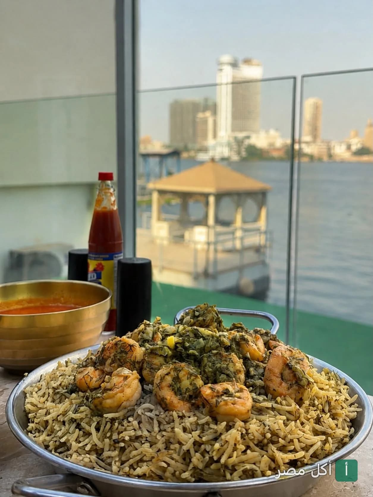 طبق أرز بالجمبري في مطعم دار نوره بالدقي مع إطلالة مباشرة على النيل.