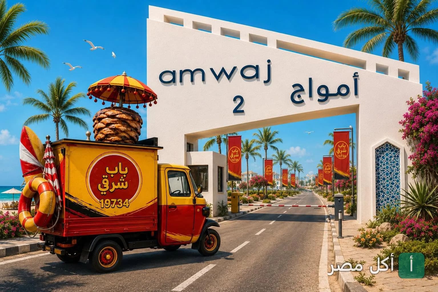 عربية مطعم باب شرقي بتوزع أكل قدام بوابة أمواج 2 في الجيزة.