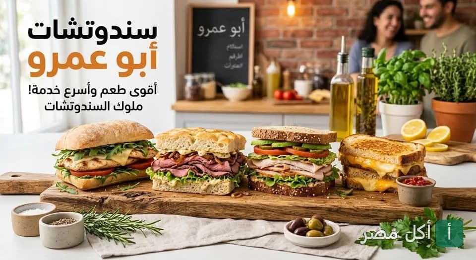 صورة غلاف لمطعم سندوتش أبو عمرو في العمرانية بالجيزة، تعرض تشكيلة متنوعة من السندوتشات الطازجة على لوح خشبي.
