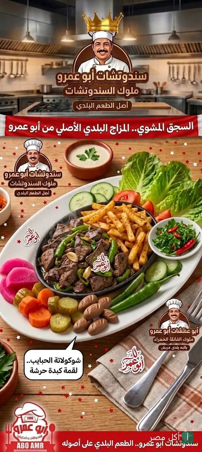 طبق سجق مشوي مع بطاطس مقلية ومخللات من مطعم سندوتش أبو عمرو في العمرانية الشرقية بالجيزة.
