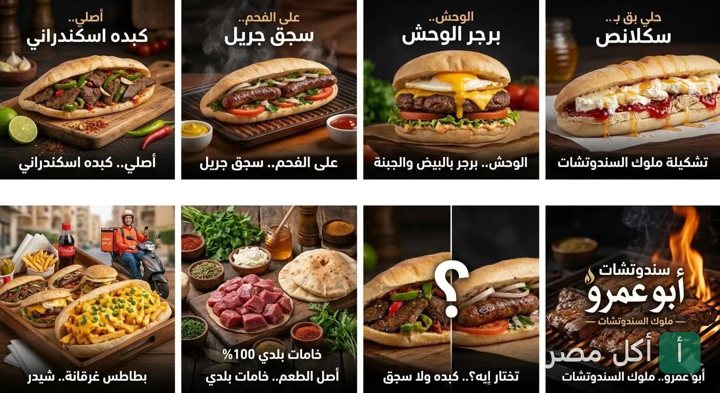 تشكيلة متنوعة من سندوتشات مطعم أبو عمرو في العمرانية بالجيزة، تشمل الكبدة والسجق والبرجر والبطاطس.