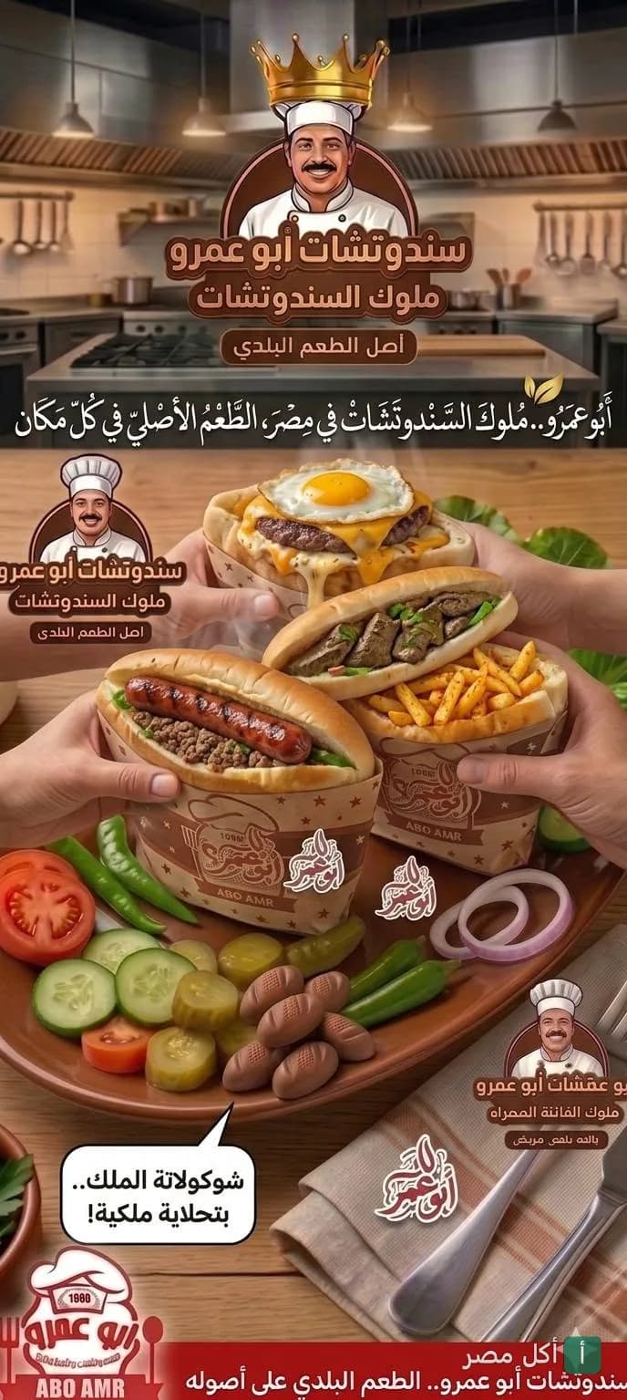 تشكيلة سندوتشات متنوعة من مطعم أبو عمرو في العمرانية بالجيزة، تضم برجر بالبيض، كبدة، وسجق مع بطاطس ومخللات.