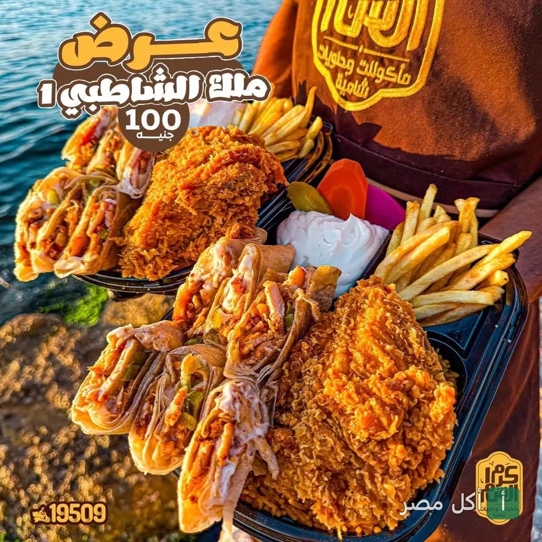 وجبة عرض ملك الشاطبي من مطعم كرم الشام السوري في كفر طهرمس، تحتوي على شاورما وبانيه مقرمش وبطاطس محمرة.