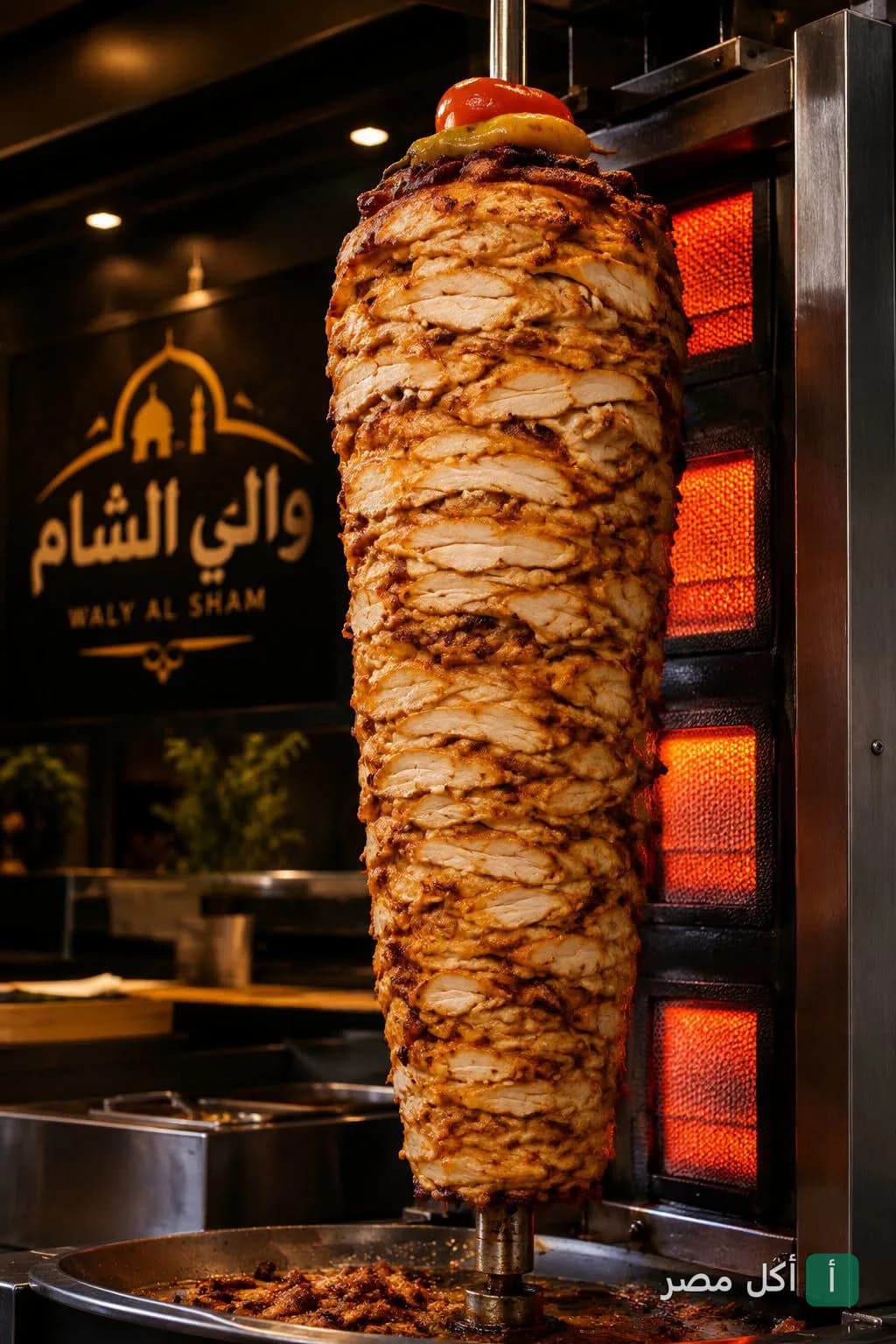 سيخ شاورما دجاج طازج على الشواية في مطعم والي الشام السوري بالجيزة.