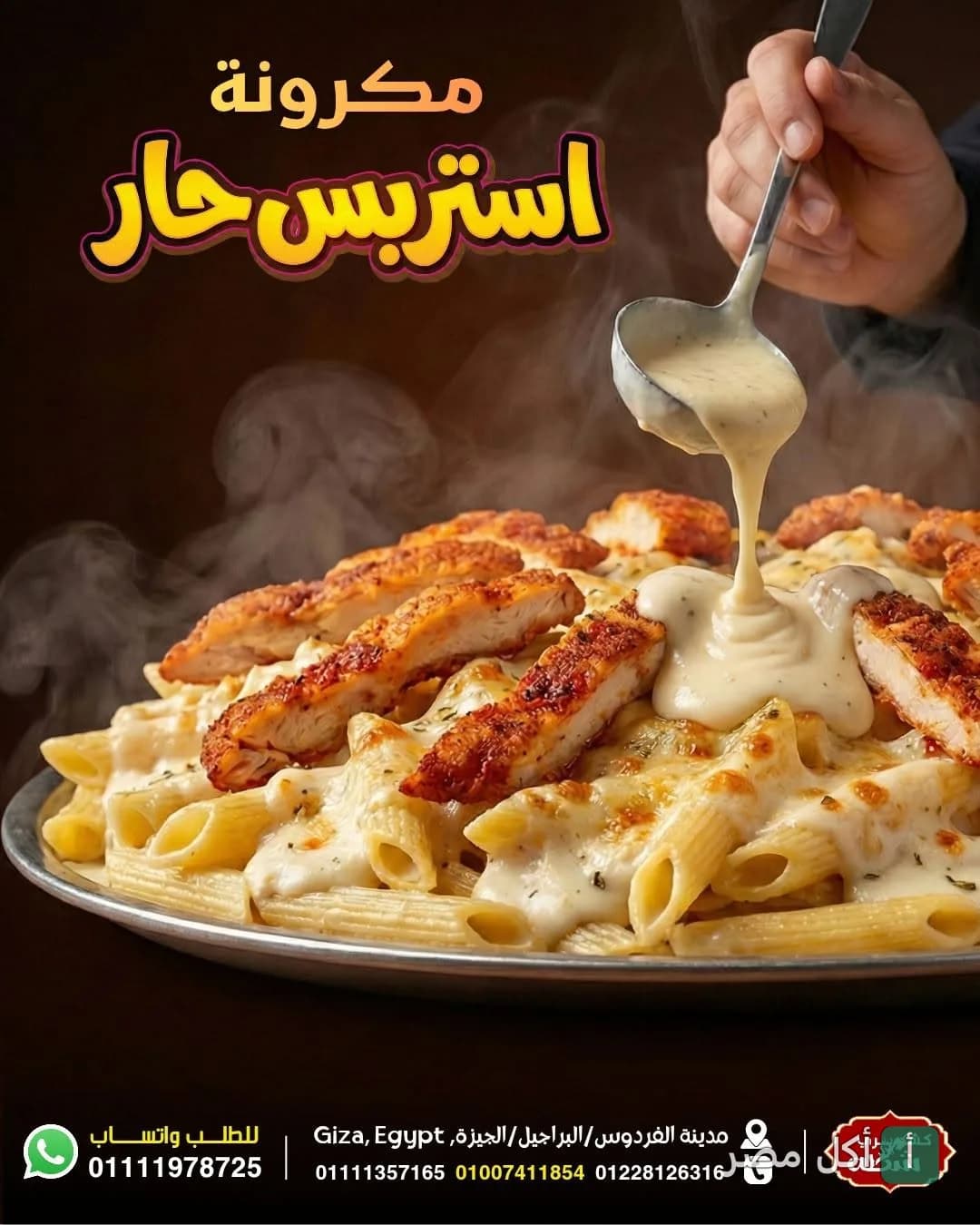 طبق مكرونة بقطع الدجاج الحار مع صوص أبيض كريمي في مطعم كشري شطة البراجيل بالجيزة.