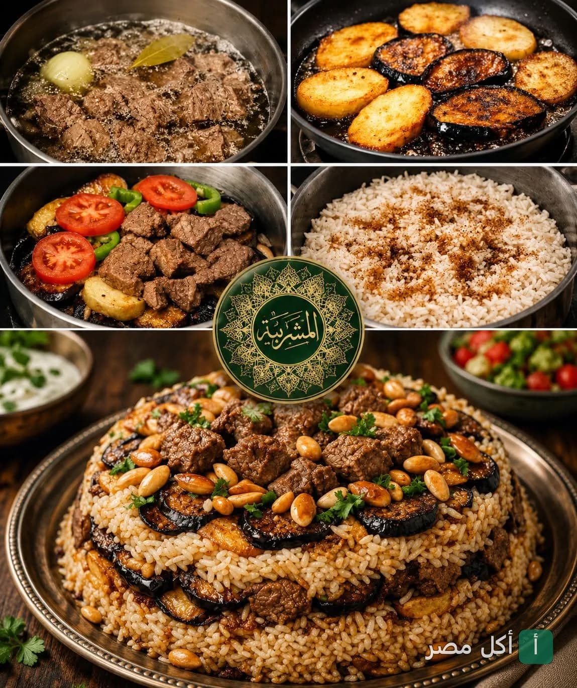 طبق مقلوبة شرقي باللحم والباذنجان من مطعم المشربية في الدقي بالجيزة.