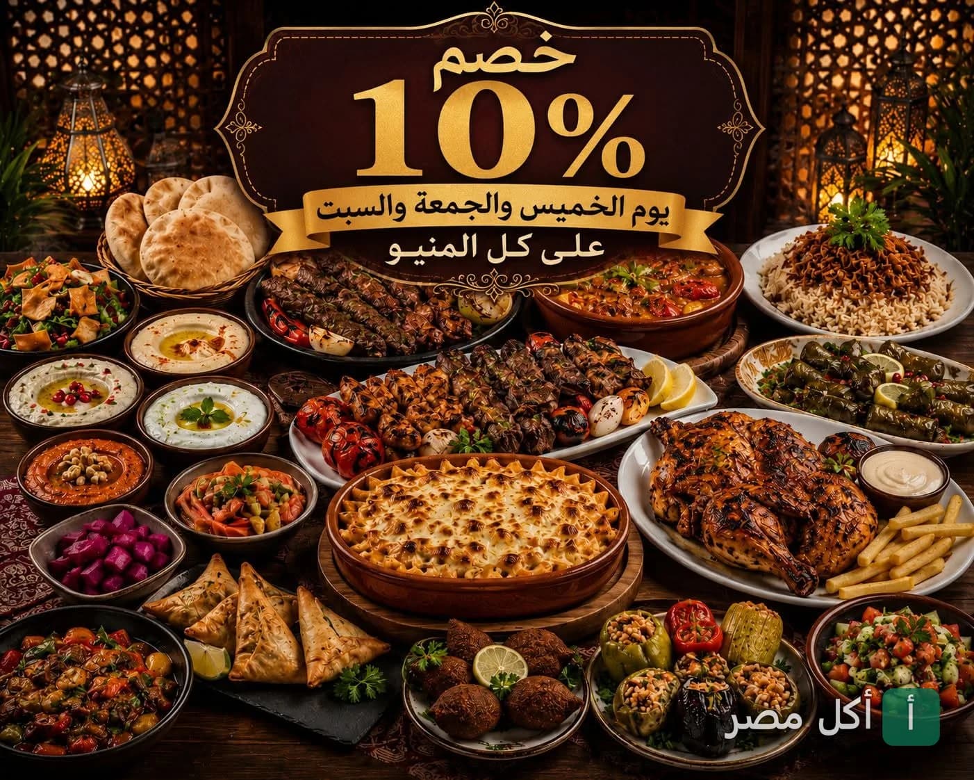 سفرة مأكولات شرقية متنوعة من مطعم المشربية بالدقي مع عرض خصم 10% أيام الخميس والجمعة والسبت.
