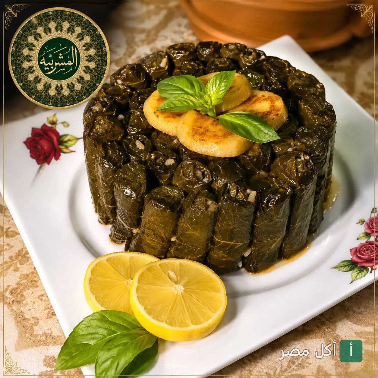 طبق ورق عنب مزين بشرائح الليمون والريحان في مطعم المشربية بالدقي.