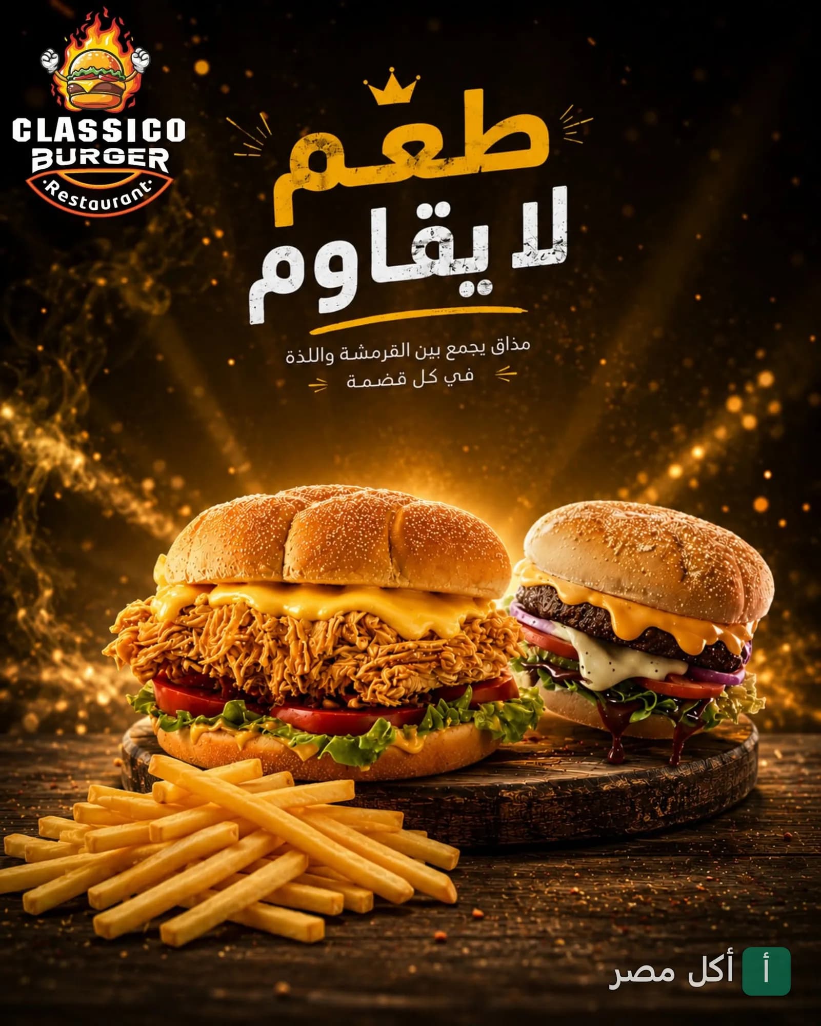 إعلان ترويجي لساندوتشات برجر ودجاج مع بطاطس مقلية من مطعم كلاسيكو برجر في مدينة الأمل بإمبابة.