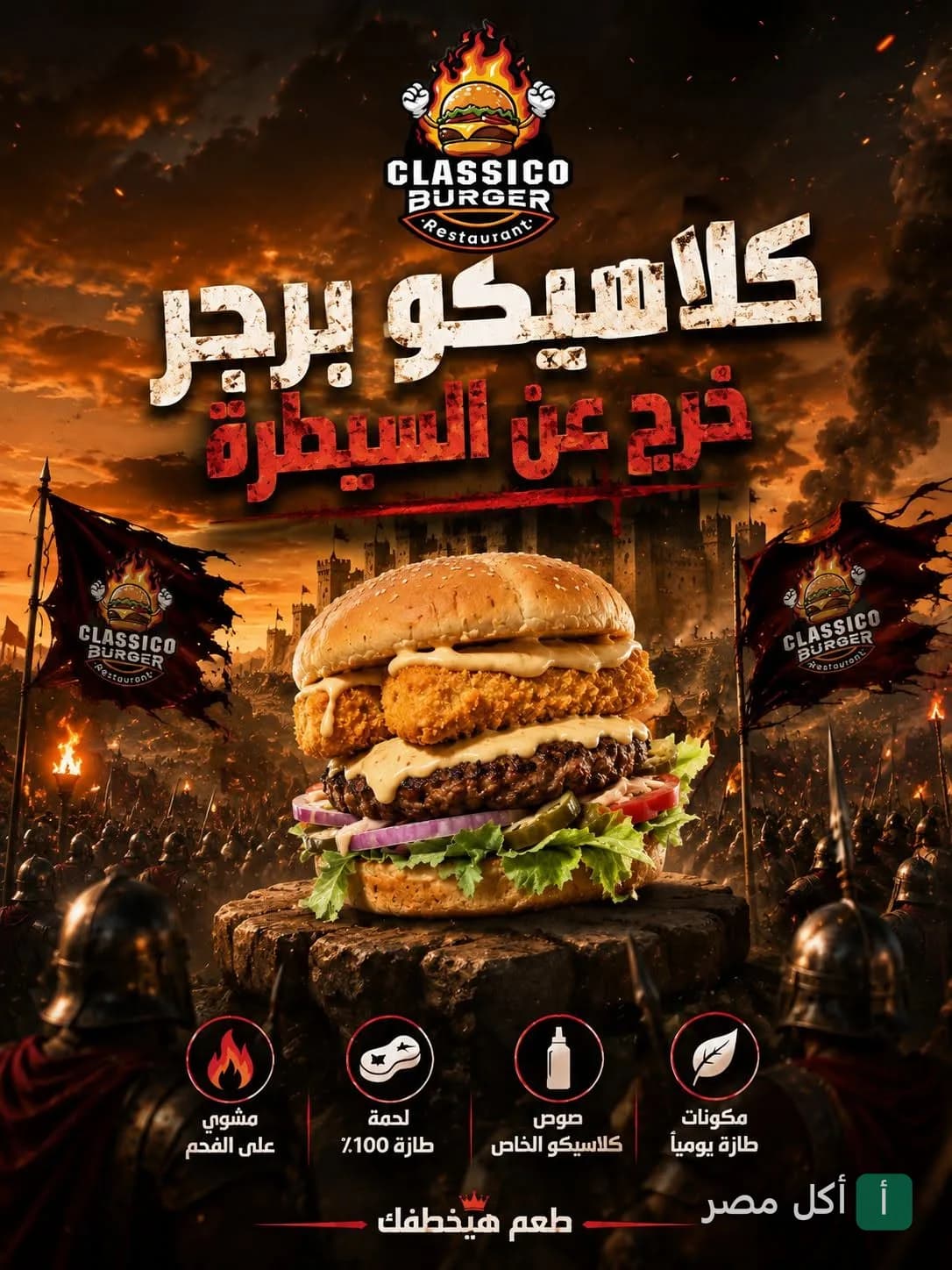 إعلان ترويجي لبرجر كلاسيكو في إمبابة يظهر شطيرة برجر كبيرة مع صوص وجيش في الخلفية.