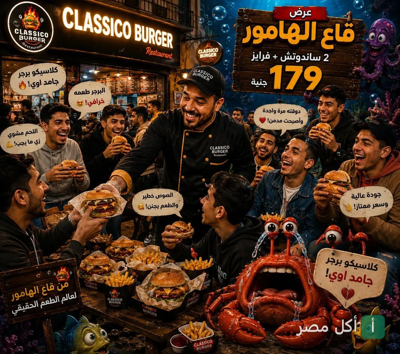 إعلان ترويجي لمطعم كلاسيكو برجر في إمبابة يظهر مجموعة من الشباب يستمتعون بوجبات البرجر مع عرض خاص.