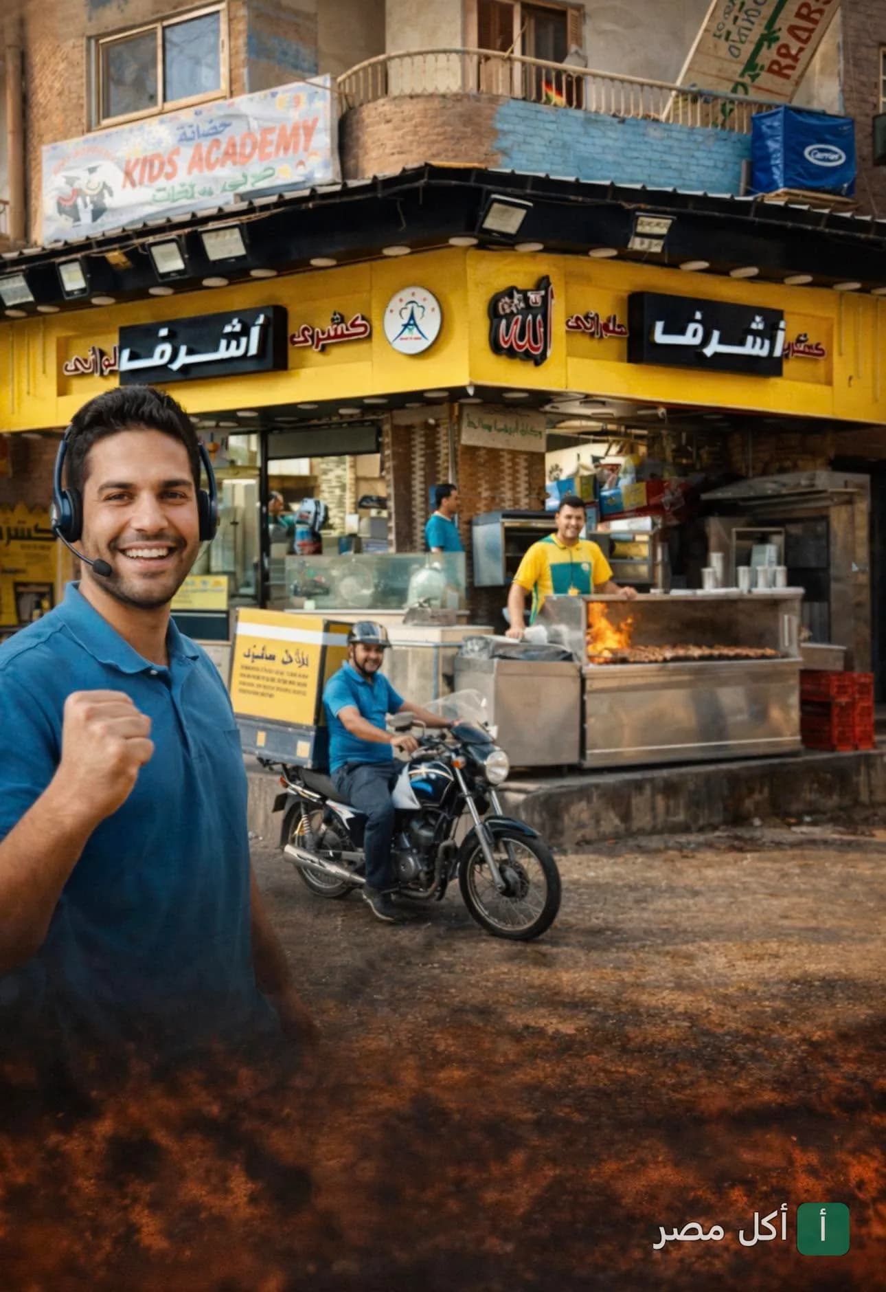 واجهة محل كشري أشرف في إمبابة مع موظف خدمة عملاء ودليفري وشيف يشوي الطعام