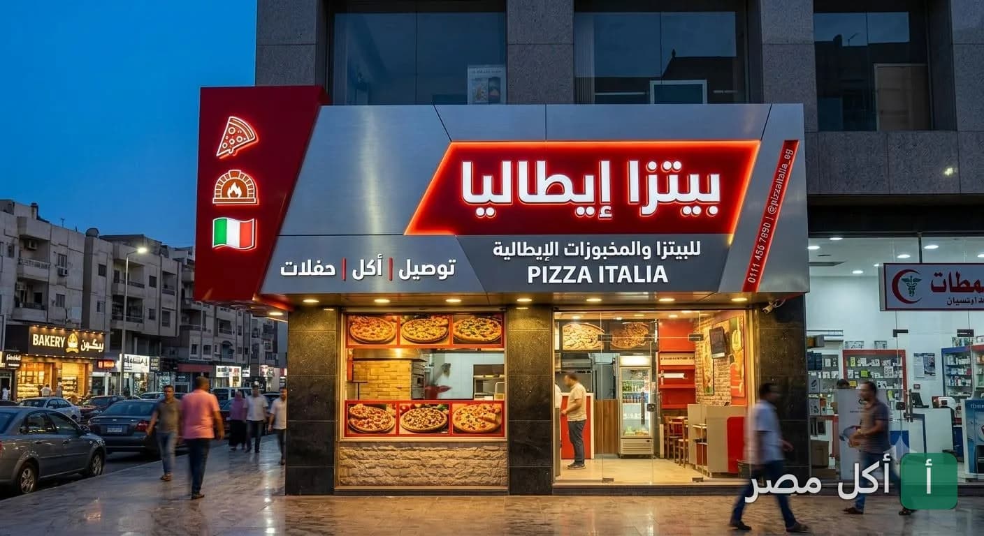 واجهة مطعم بيتزا إيطاليا في مدينة التحرير بإمبابة، تظهر اللافتة المضيئة وتصميم المطعم من الخارج.