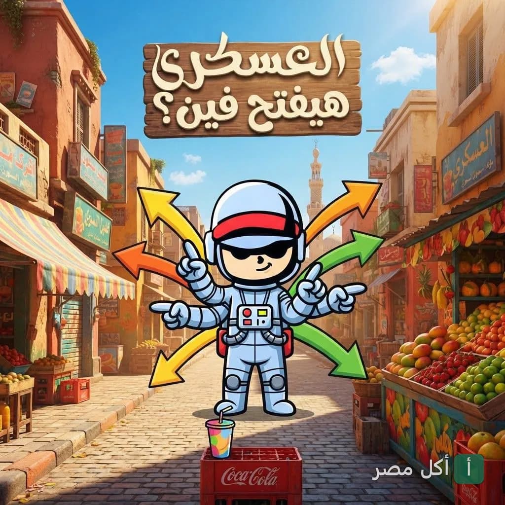 شخصية كرتونية لرائد فضاء في شارع شعبي بإمبابة تعلن عن توسعات مطعم العسكري درينك.