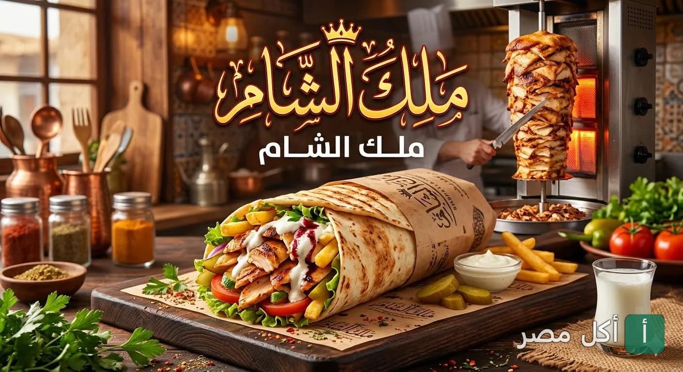 ساندوتش شاورما دجاج سوري مع بطاطس ومخلل في مطعم ملك الشام بالمنيرة، إمبابة.