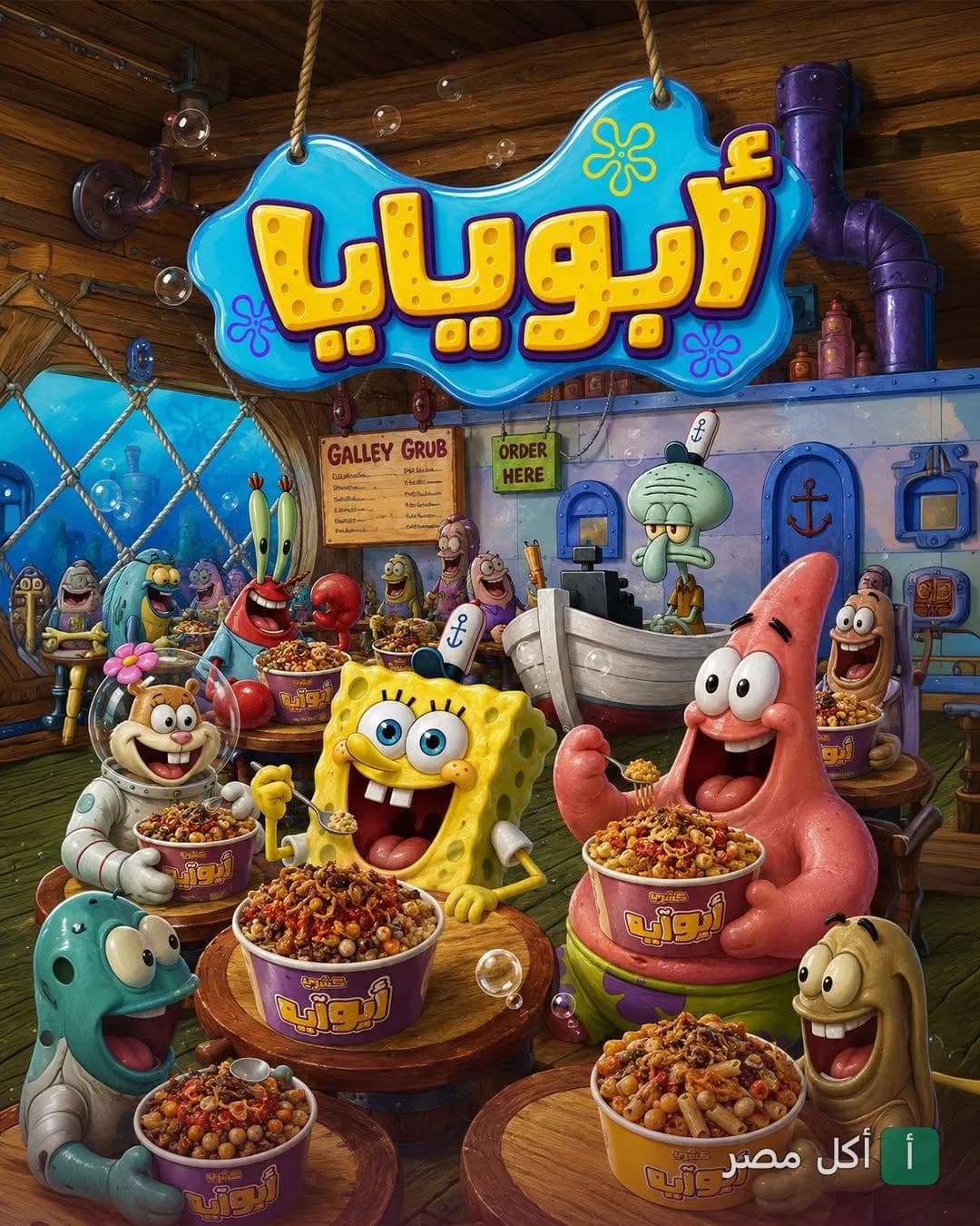 شخصيات سبونج بوب تأكل كشري من مطعم كشري أبو أيه في الوراق.