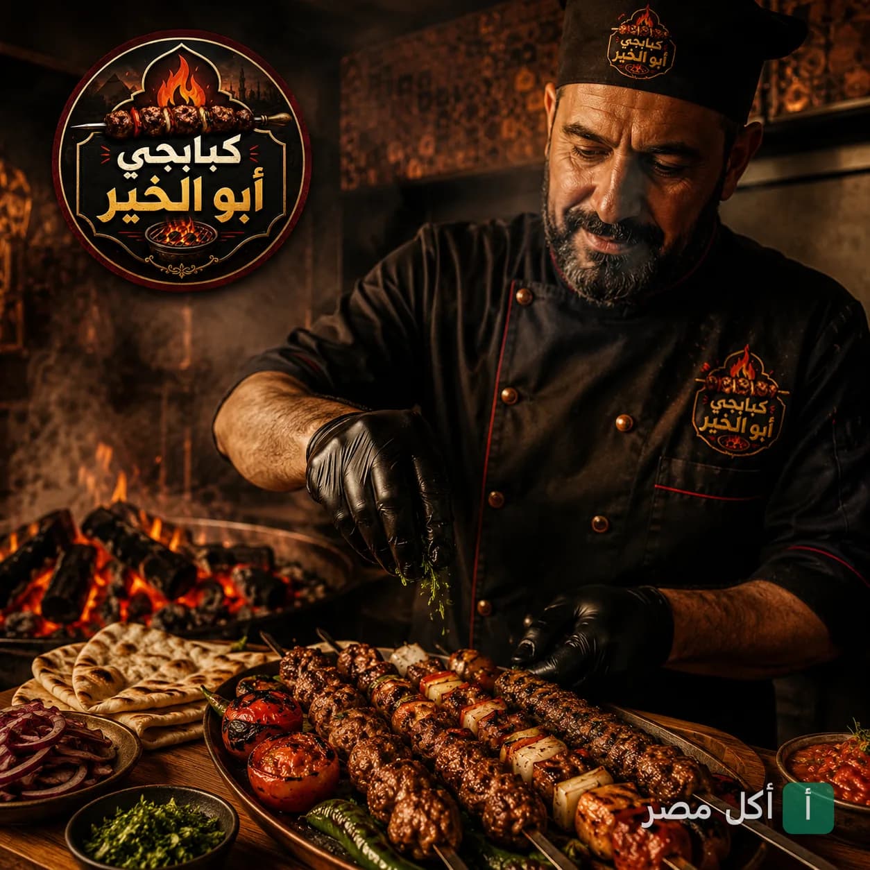 شيف مطعم كبابجي أبو الخير في إمبابة يجهز المشويات على الفحم.