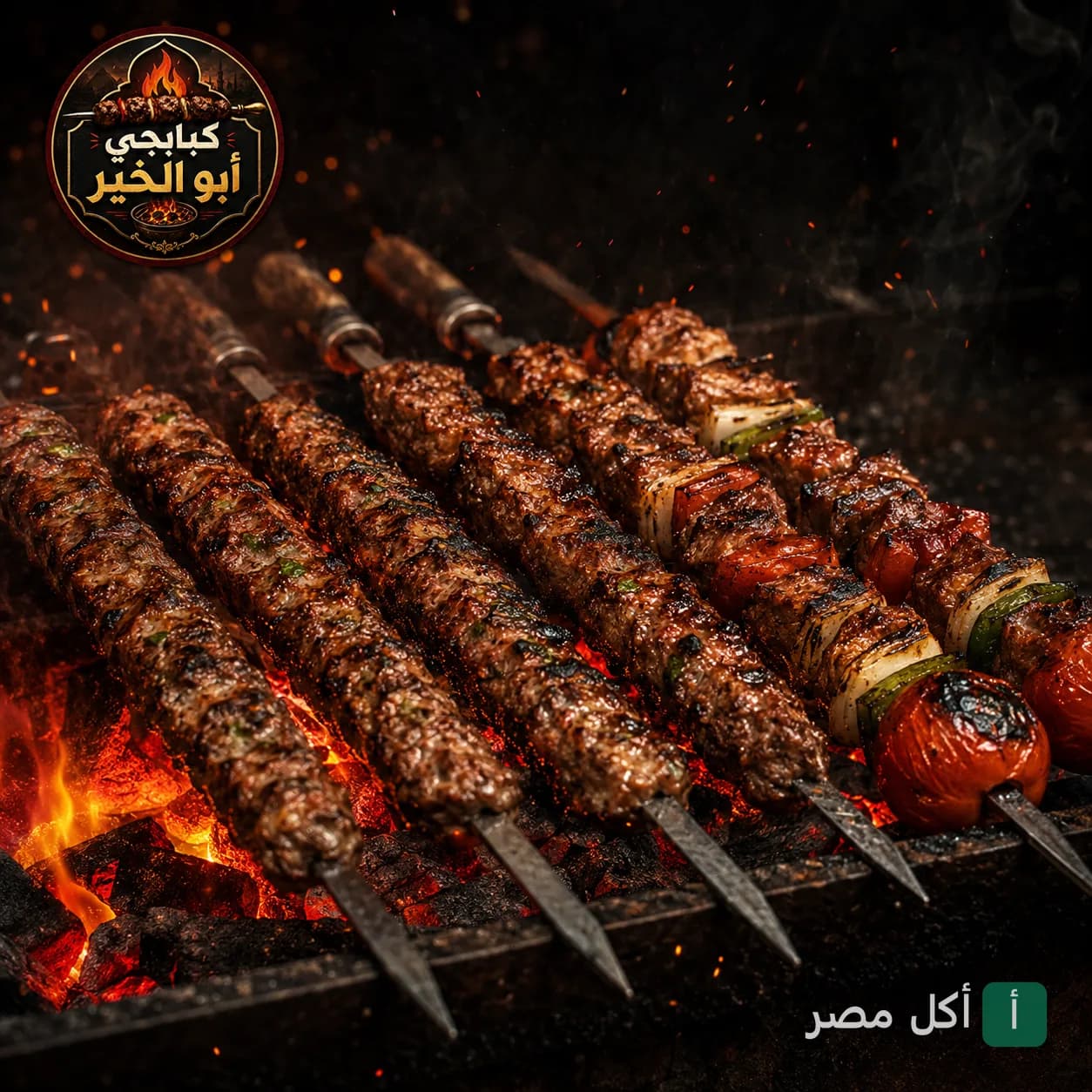 أسياخ كباب وكفتة مشوية على الفحم في مطعم كبابجي أبو الخير بإمبابة.
