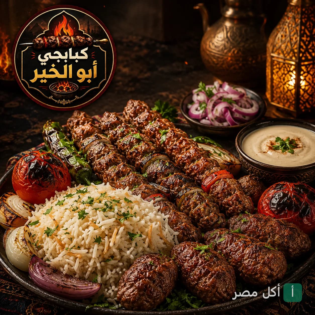 طبق مشويات متنوع من كبابجي أبو الخير في إمبابة يضم كباب وكفتة مع أرز وطحينة.