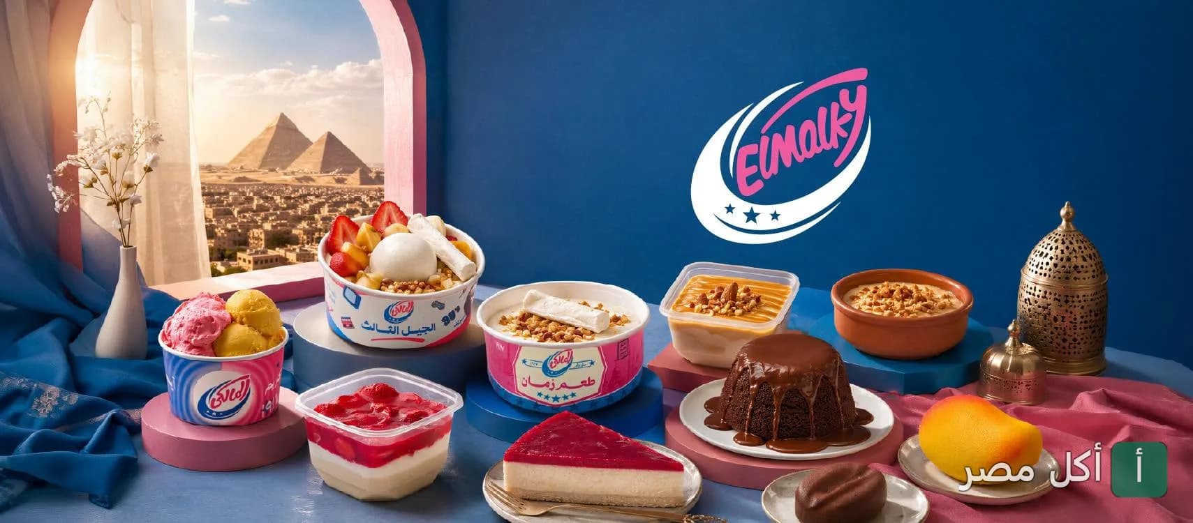 تشكيلة متنوعة من حلويات مطعم المالكي في إمبابة، تضم أطباق الأرز باللبن والآيس كريم والكيك مع خلفية للأهرامات.