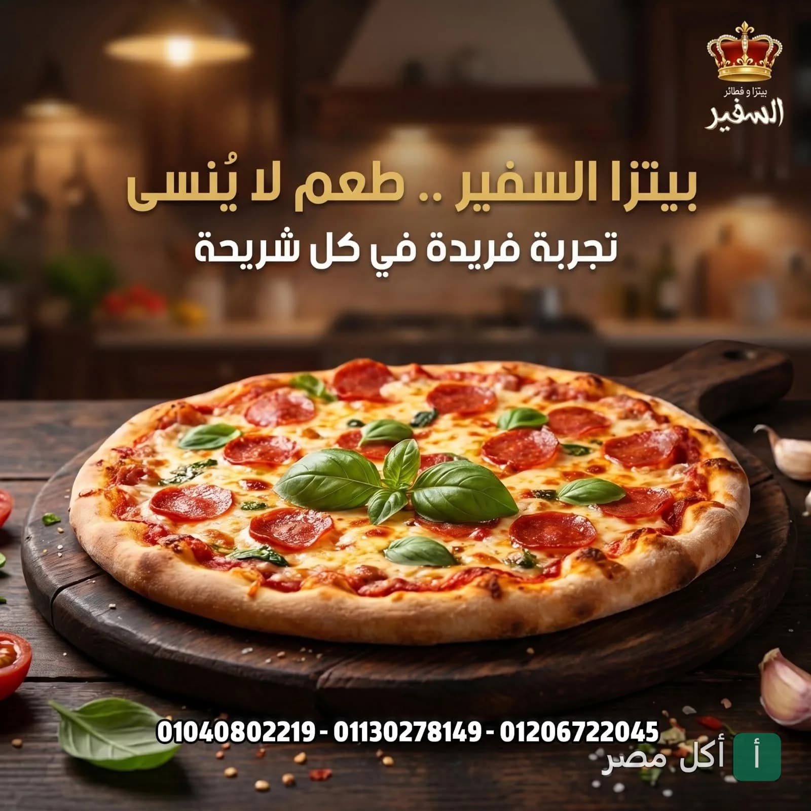 بيتزا بالبيبروني والريحان على لوح خشبي من فطاطرى وحلوانى السفير في إمبابة.