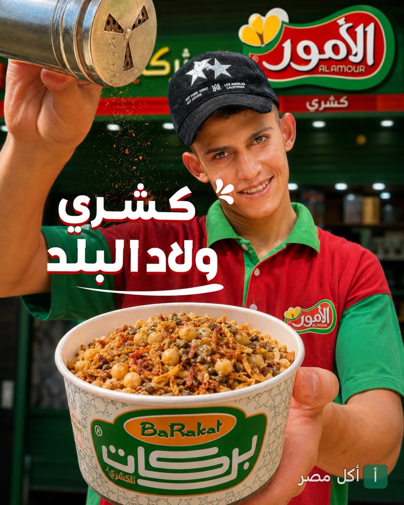 موظف في مطعم كشري الأمور بإمبابة يضيف التوابل لعلبة كشري طازجة.
