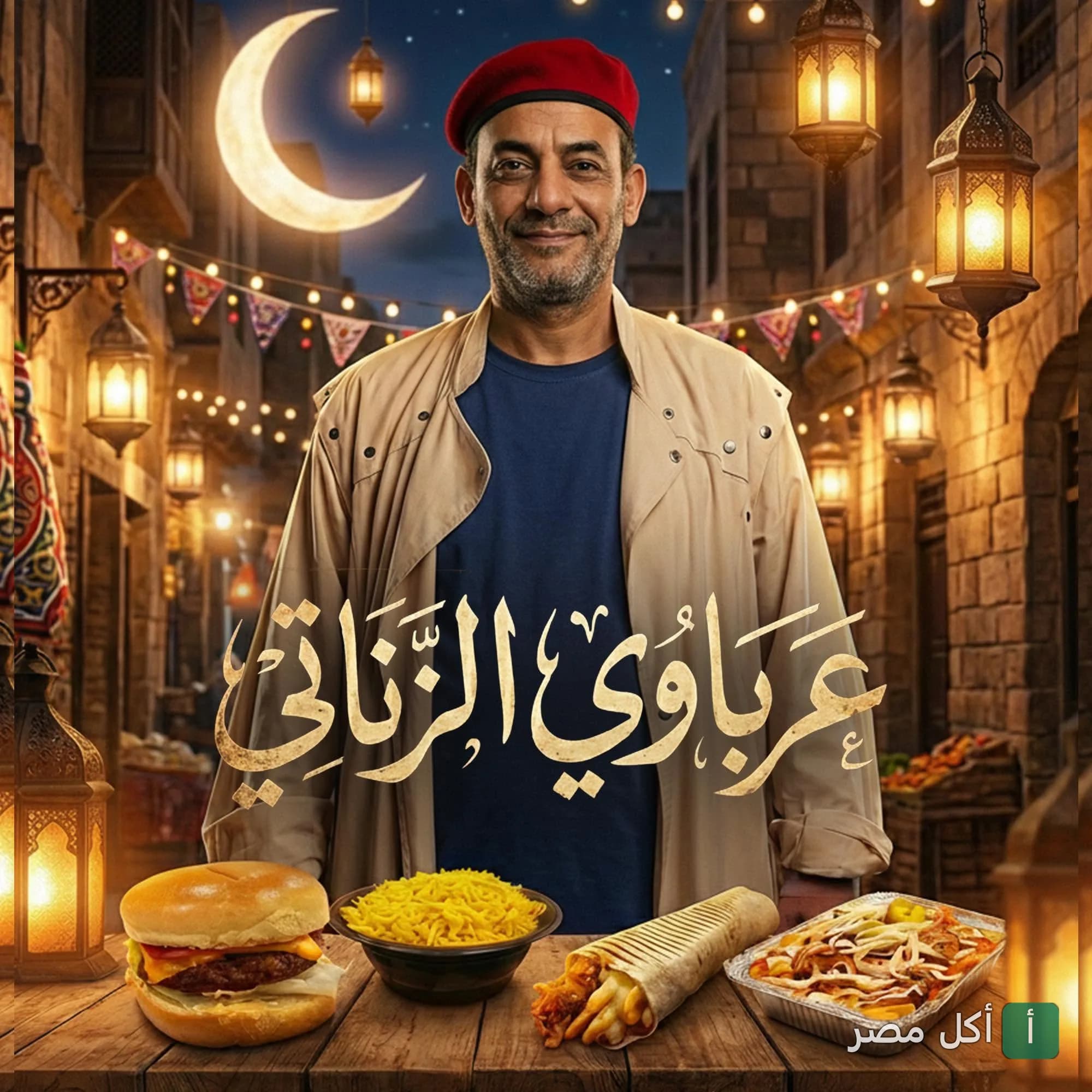 شخصية عرباوي في أجواء رمضانية تقليدية مع تشكيلة من المشويات والأطباق الشرقية من مطعم مشويات عرباوي بإمبابة.