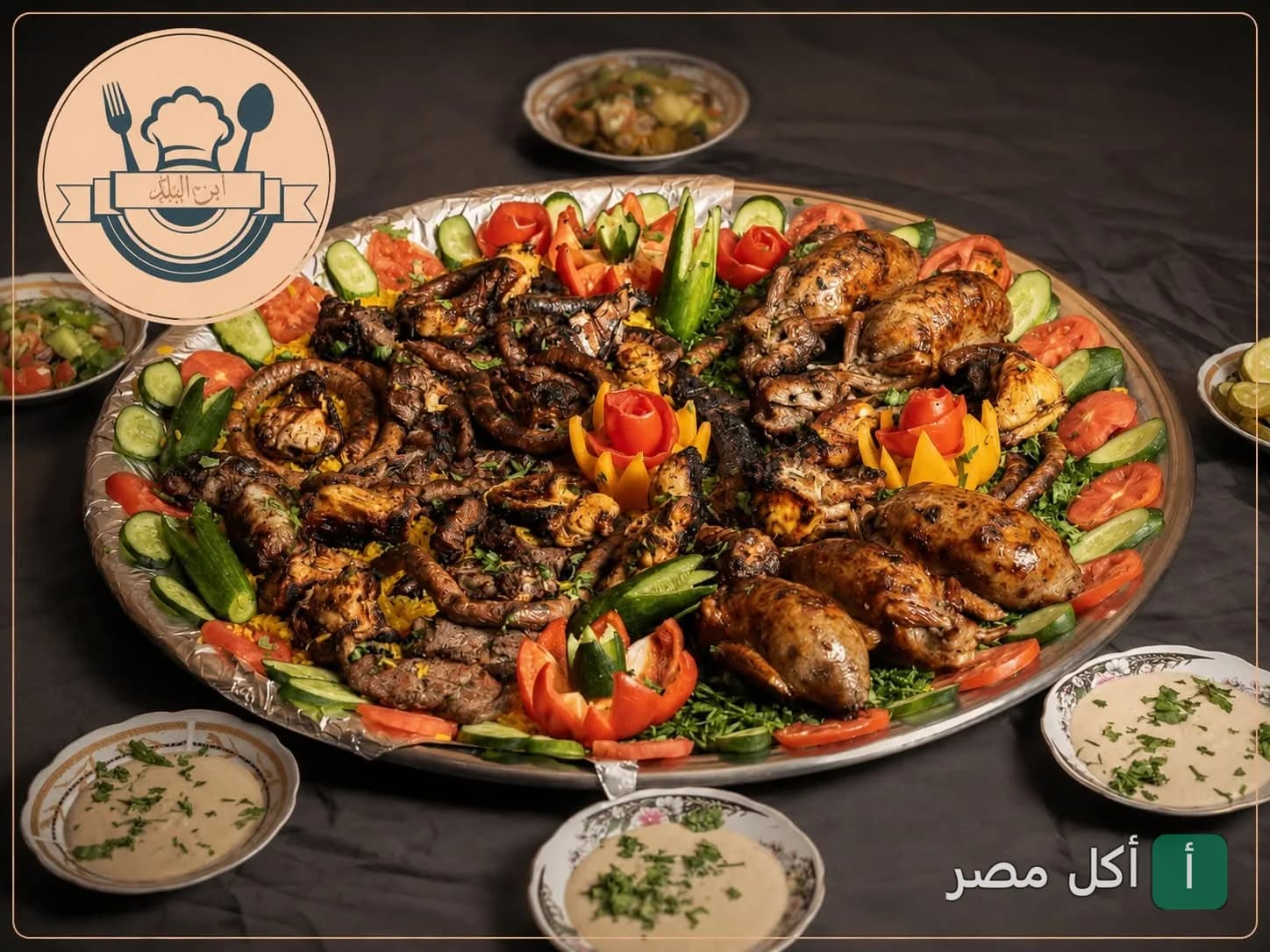 صينية مشويات متنوعة تضم حمام محشي وممبار في مطعم كبابجي ابن البلد بإمبابة.