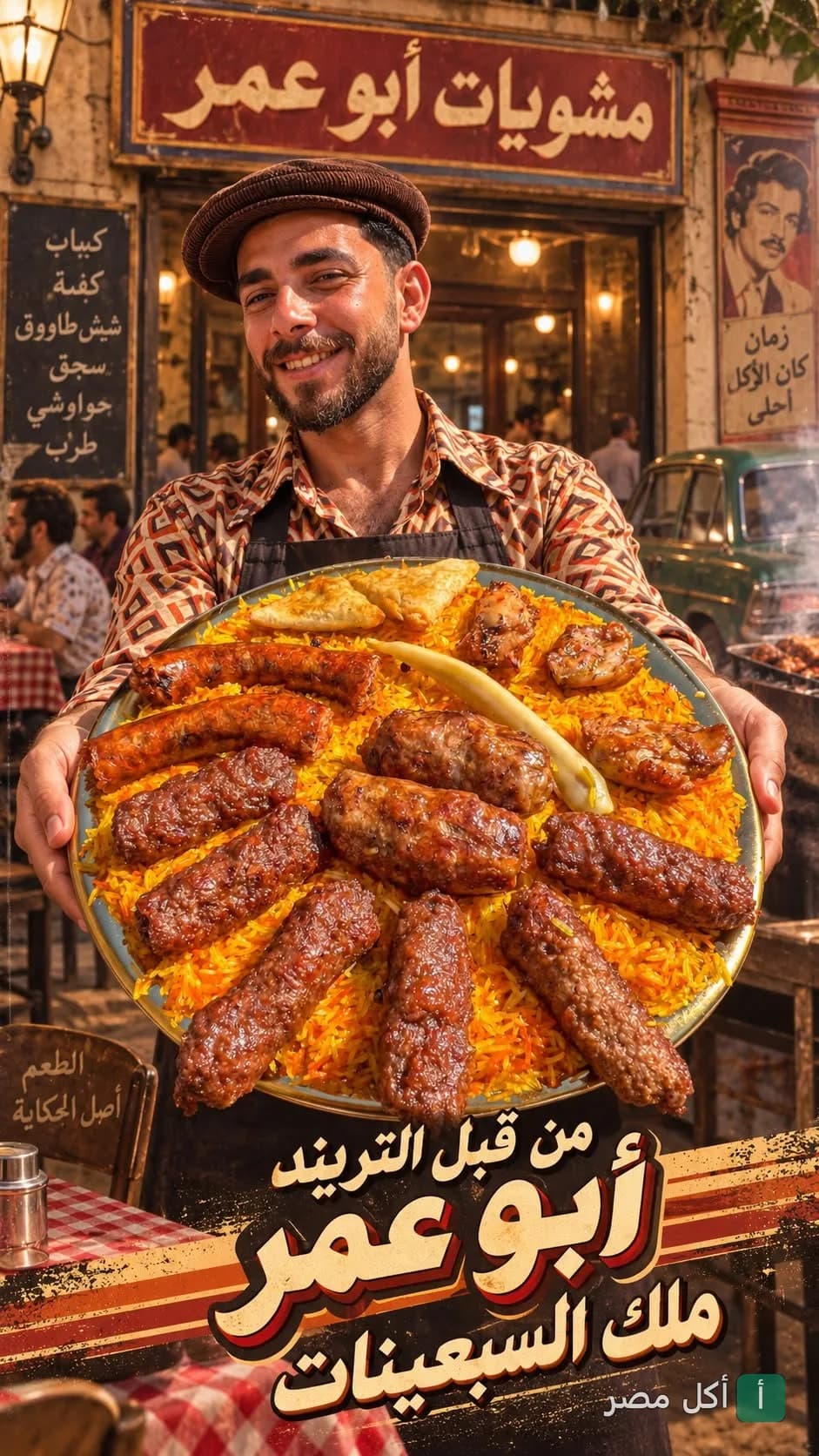 موظف في مطعم مشويات الشيخ أبو عمر بالصف يقدم صينية مشويات متنوعة مع أرز.