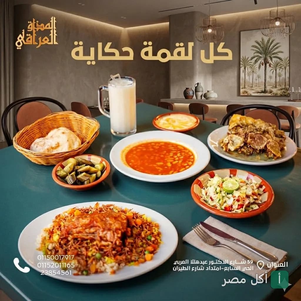 سفرة طعام عراقي متنوعة تضم أطباق أرز ومقبلات ومشروب لبن في مطعم المذاق العراقي بالصف.